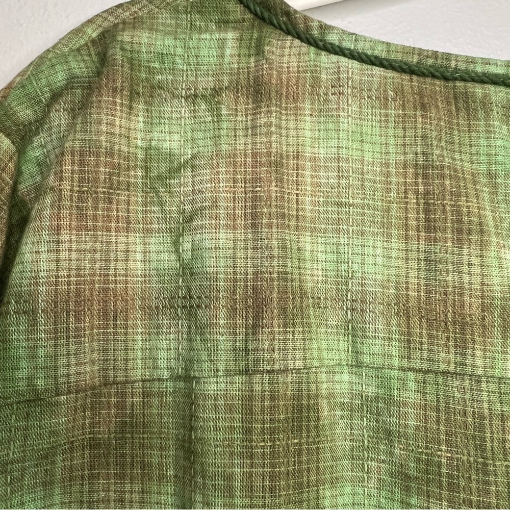 On You | Linen Tiered Tie Dye Mini Dress Babydoll Cuff Sleeve Bamboo Green Sz L - Picture 7 of 15